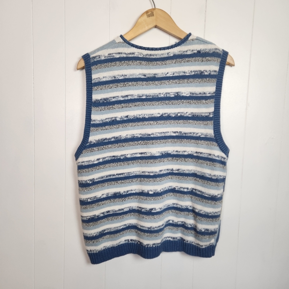 Vintage 90s Patchwork Blue Knit Sweater Vest Cardigan Size Large Cottagecore - Picture 3 of 7